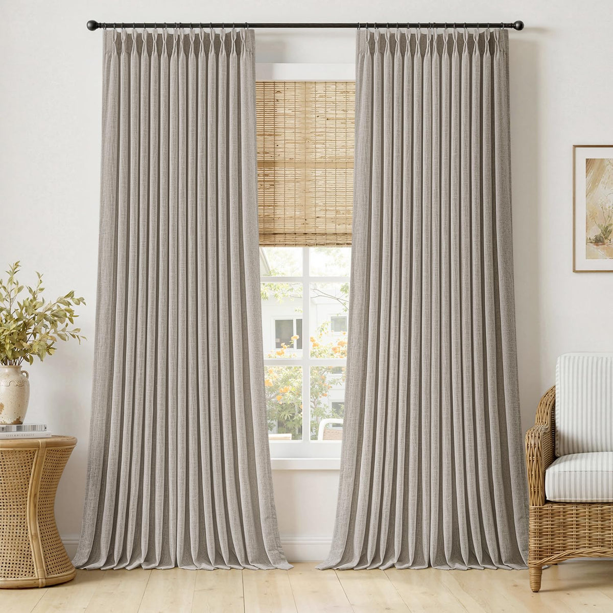 MIULEE Pinch Pleated Thick Linen Curtains 36 Inches Long 2 Panels Natural