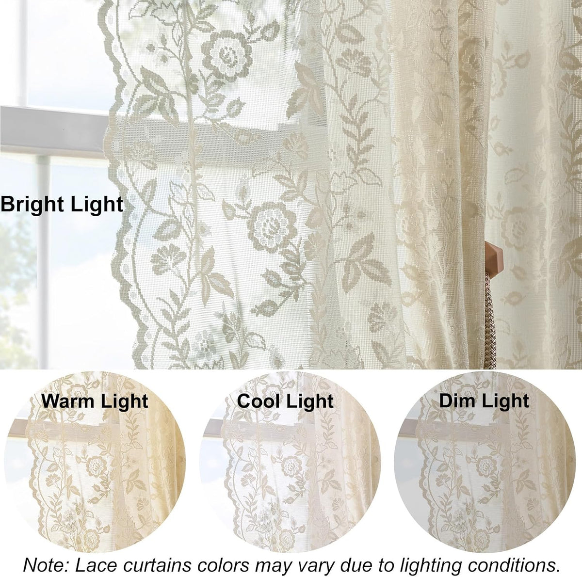 FINECITY Short Beige Lace Curtains Rustic Leaf Floral W42xL36 Inch 2 Panels