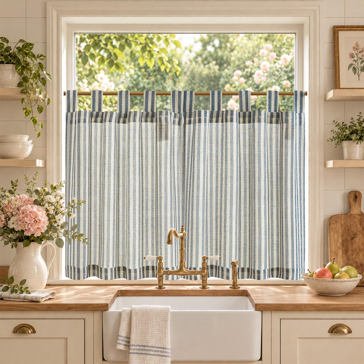 jinchan Striped Linen Kitchen Tier Curtains, 30 Inch, Sage Green, 2 Panels