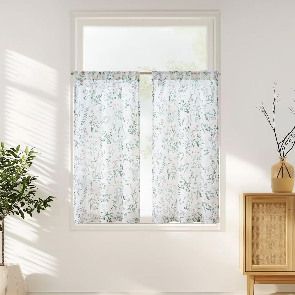 jinchan Floral Kitchen Tier Curtains 24 Inch 2 Panels Sage Green on Beige