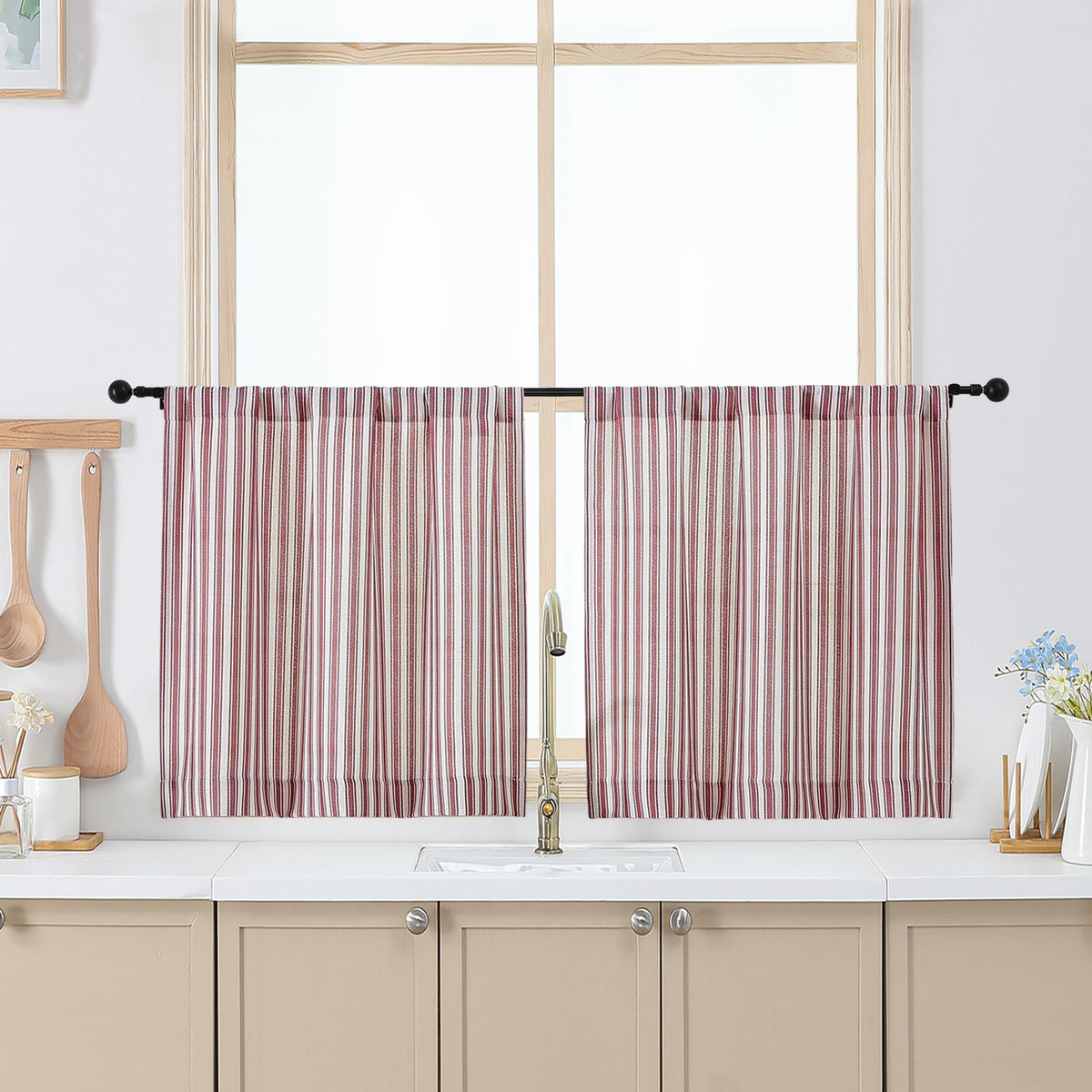 Chyhomenyc Striped Short Curtains 36 Inch Length - Light Filtering Faux Linen Living Room Tier Half Window Curtains, Farmhouse Modern Boho Curtain for Bathroom, 30Wx36L, 2 Pieces, Stone Blue