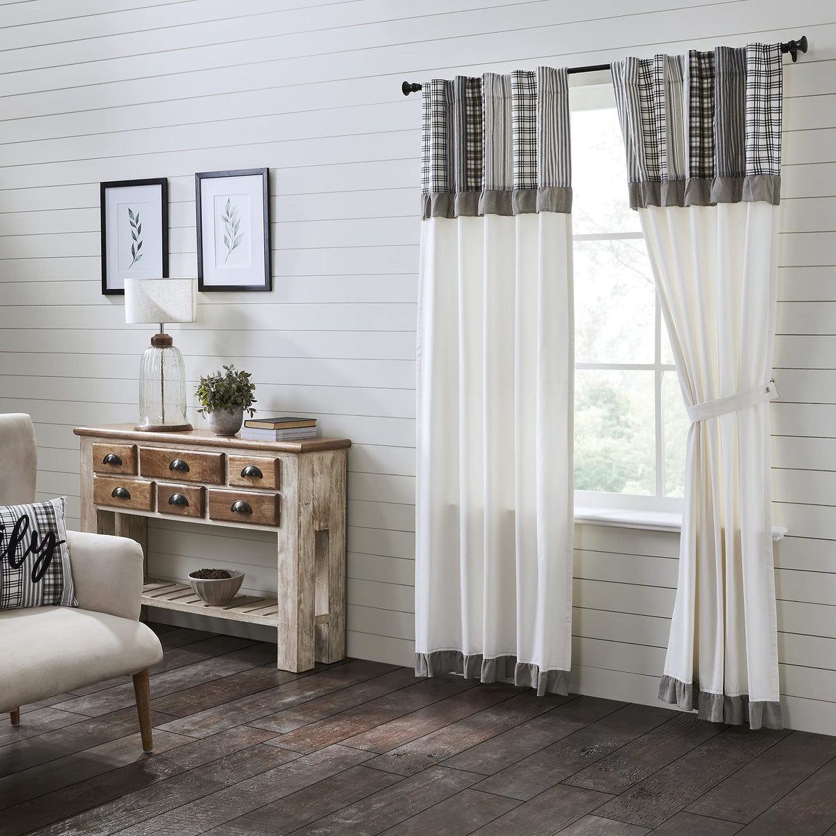 VHC Brands Sawyer Mill Curtain, Panel 63x36, Charcoal Khaki Tan
