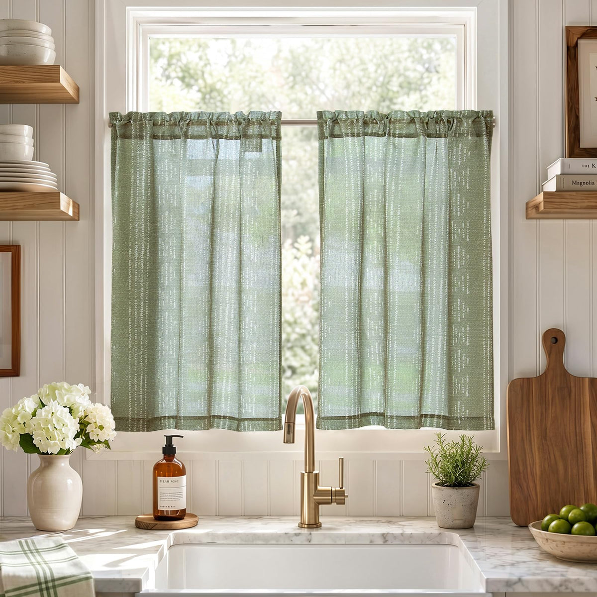 jinchan Linen Striped Tier Curtains for Kitchen Windows Farmhouse