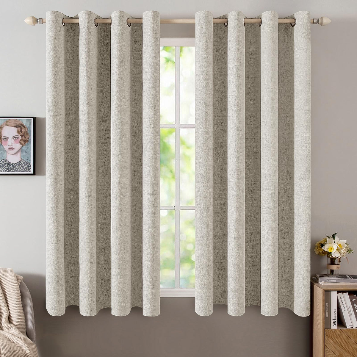 MIULEE 100% Blackout Linen Curtains for Bedroom 52x54 Inches Natural Beige