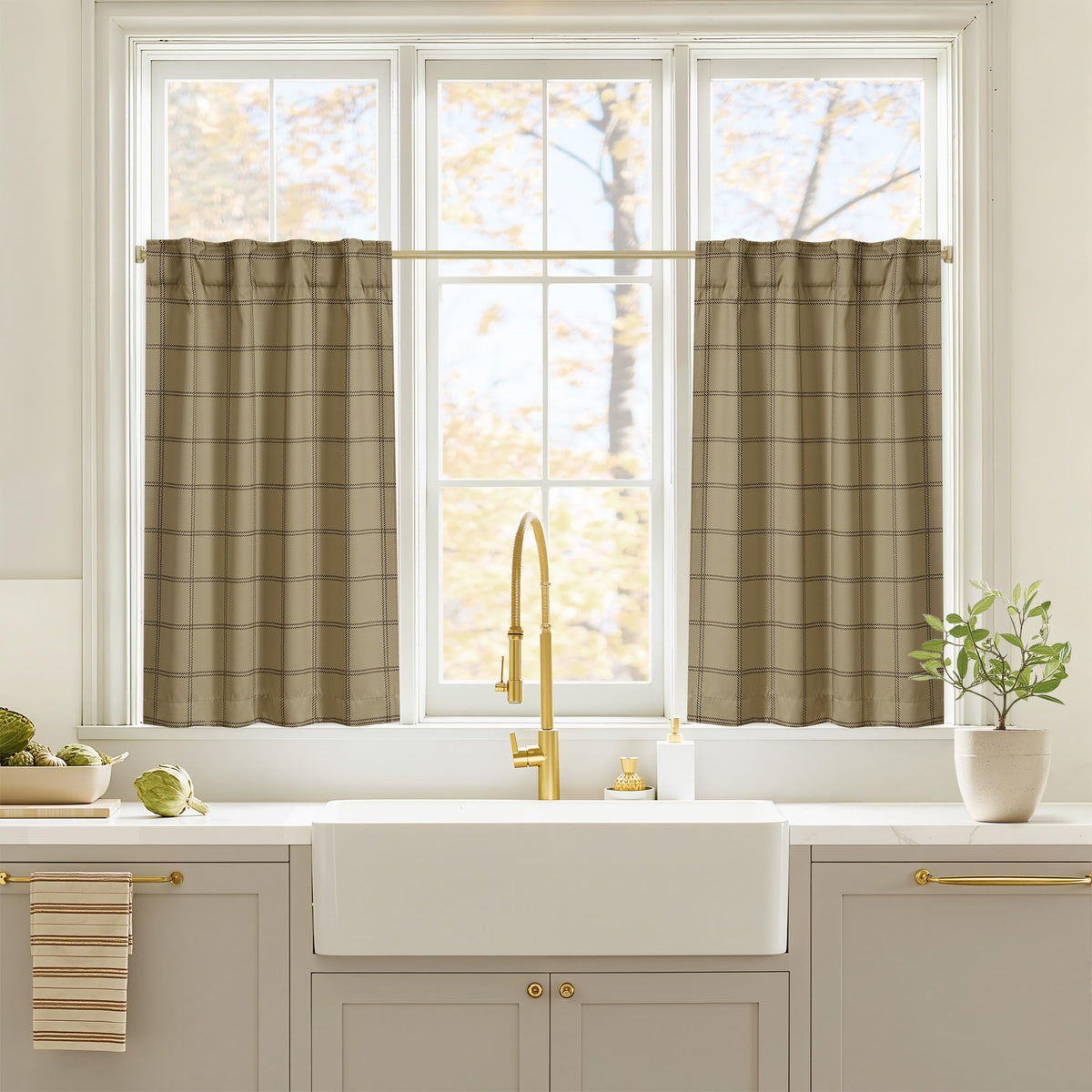 NICETOWN Olive Green Farmhouse Gingham Tiers Kitchen 100% Blackout Curtains