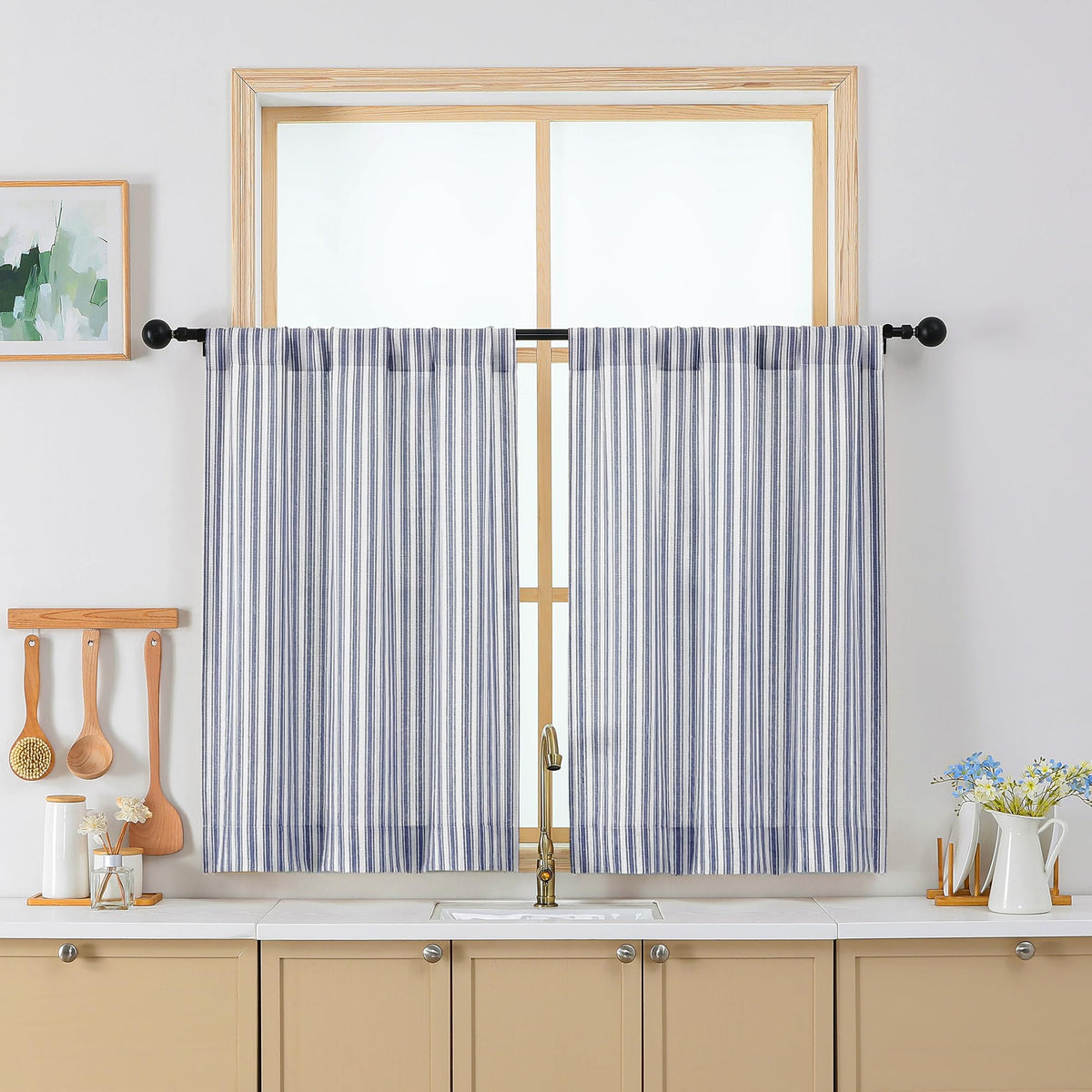 Chyhomenyc Striped Short Curtains 36 Inch Length - Light Filtering Faux Linen Living Room Tier Half Window Curtains, Farmhouse Modern Boho Curtain for Bathroom, 30Wx36L, 2 Pieces, Stone Blue