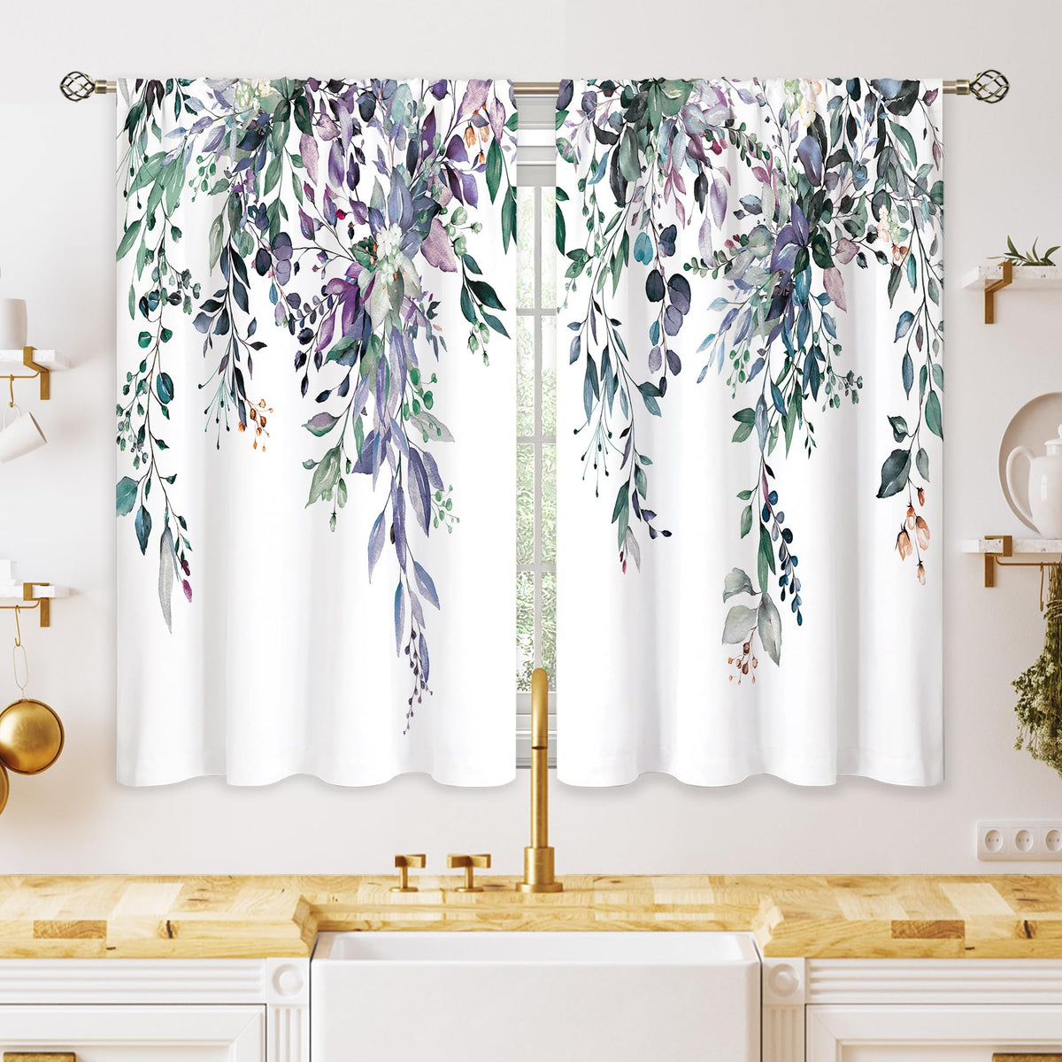Eucalyptus Botanical Leaves Floral Kitchen Window Curtains Over Sink Boho Farmhouse Flower Leaf Small Window Treatment Sage Green Cafe Short Curtains for Bathroom Tier Drapes 27.5x39 inch