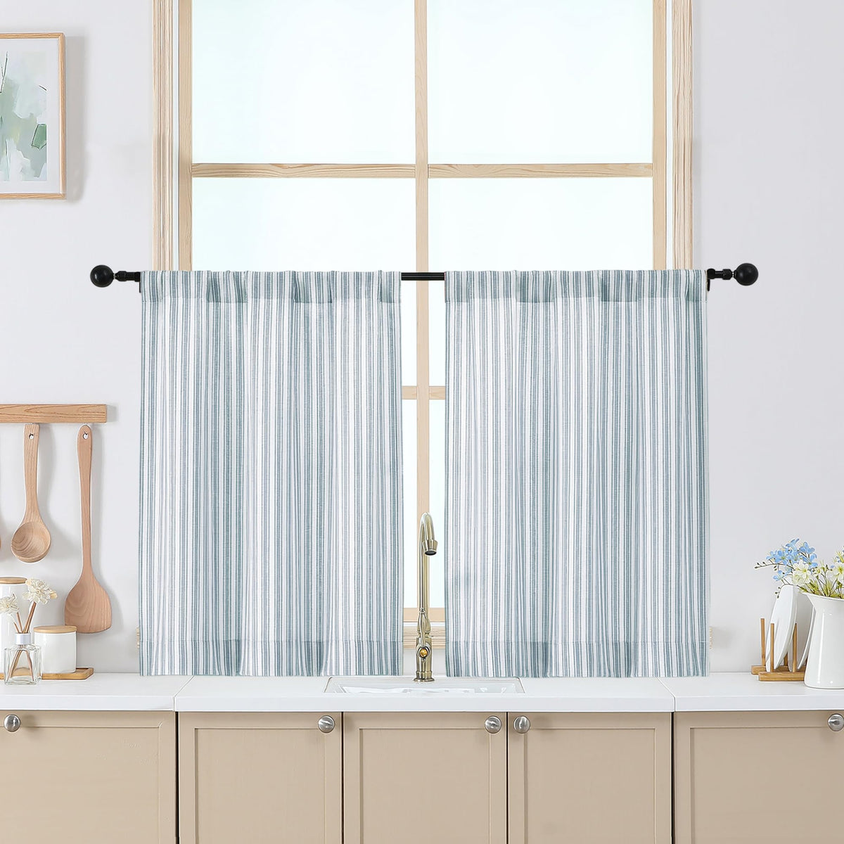 Chyhomenyc Striped Short Curtains 36 Inch Length - Light Filtering Faux Linen Living Room Tier Half Window Curtains, Farmhouse Modern Boho Curtain for Bathroom, 30Wx36L, 2 Pieces, Stone Blue