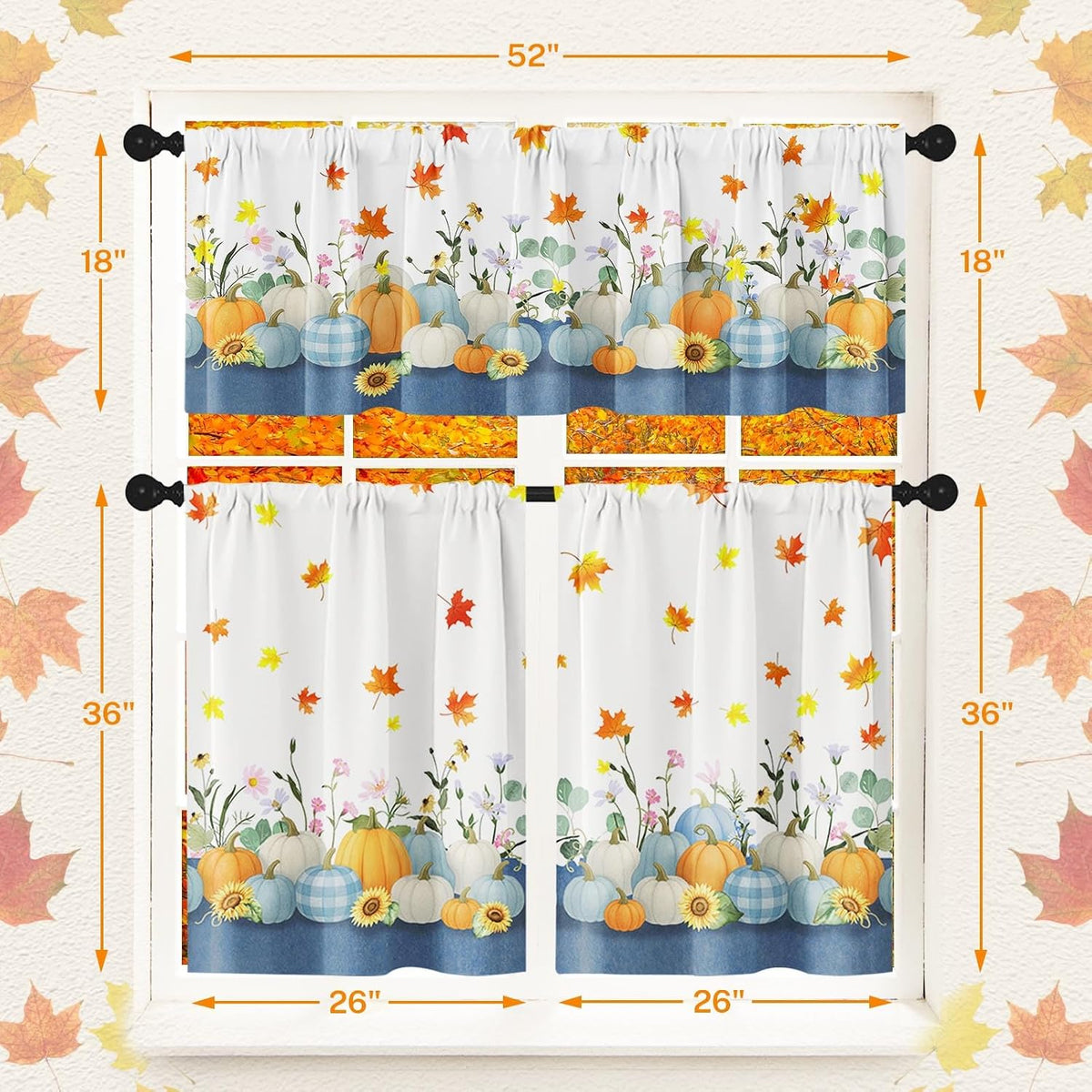 Arttown Fall Kitchen Curtains Sets for Windows, 52x36 Inch, Maple Pumpkins