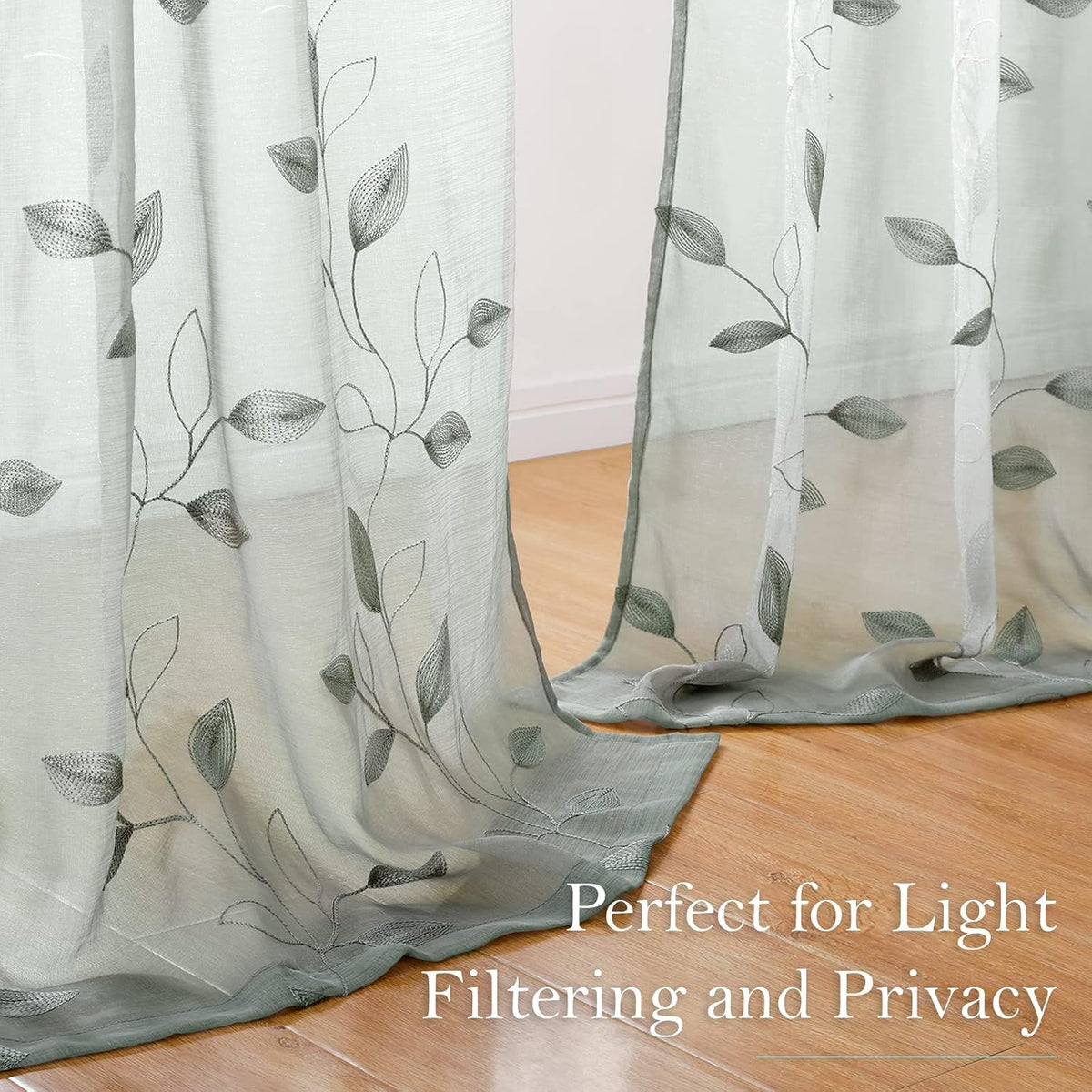 HOMEIDEAS Sage Green Kitchen Tier Curtains Leaf Embroidered, 30x36, 2 Panel