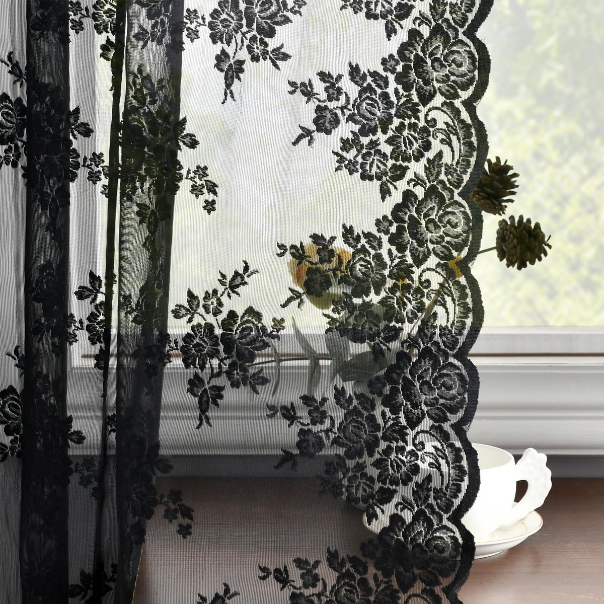 Kotile Short Beige Lace Curtains for Kitchen Windows W42xL45 Inch, 2 Panels