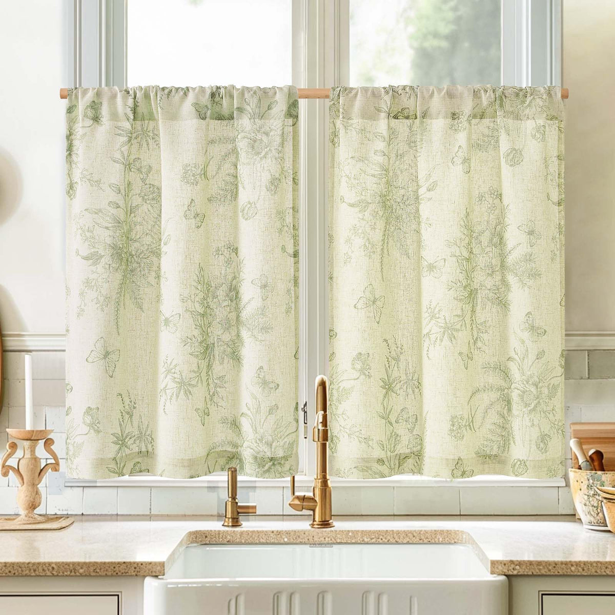 jinchan Floral Kitchen Tier Curtains 24 Inch 2 Panels Sage Green on Beige
