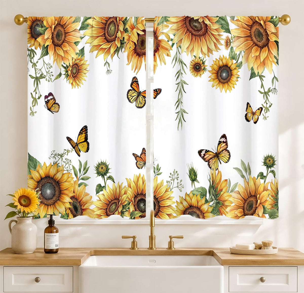 Yellow Sunflower Kitchen Curtains 42W X 63L Inch 2 Panels Rod Pocket Country Rustic Floral Flower Butterfly Farmhouse Over Sink Small Short Cafe Tier Window Treatment Bathroom Decor