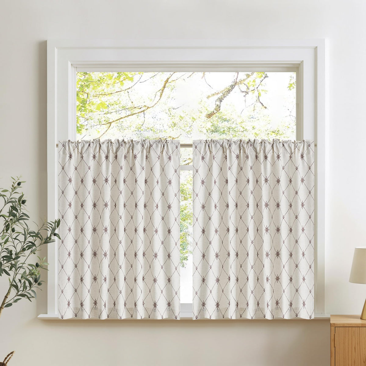 NICETOWN Sage Green Floral Linen Curtains Cafe Curtains, W26 x L36