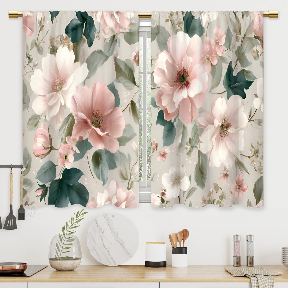 Colorful Leaves Kitchen Curtains Boho Botanical Bathroom Curtains Window Treatment Drapes Tier Flower Floral Cafe Small Bedroom Short French Door Curtains Rod Pocket 2 Panels 27.5x39 Inch