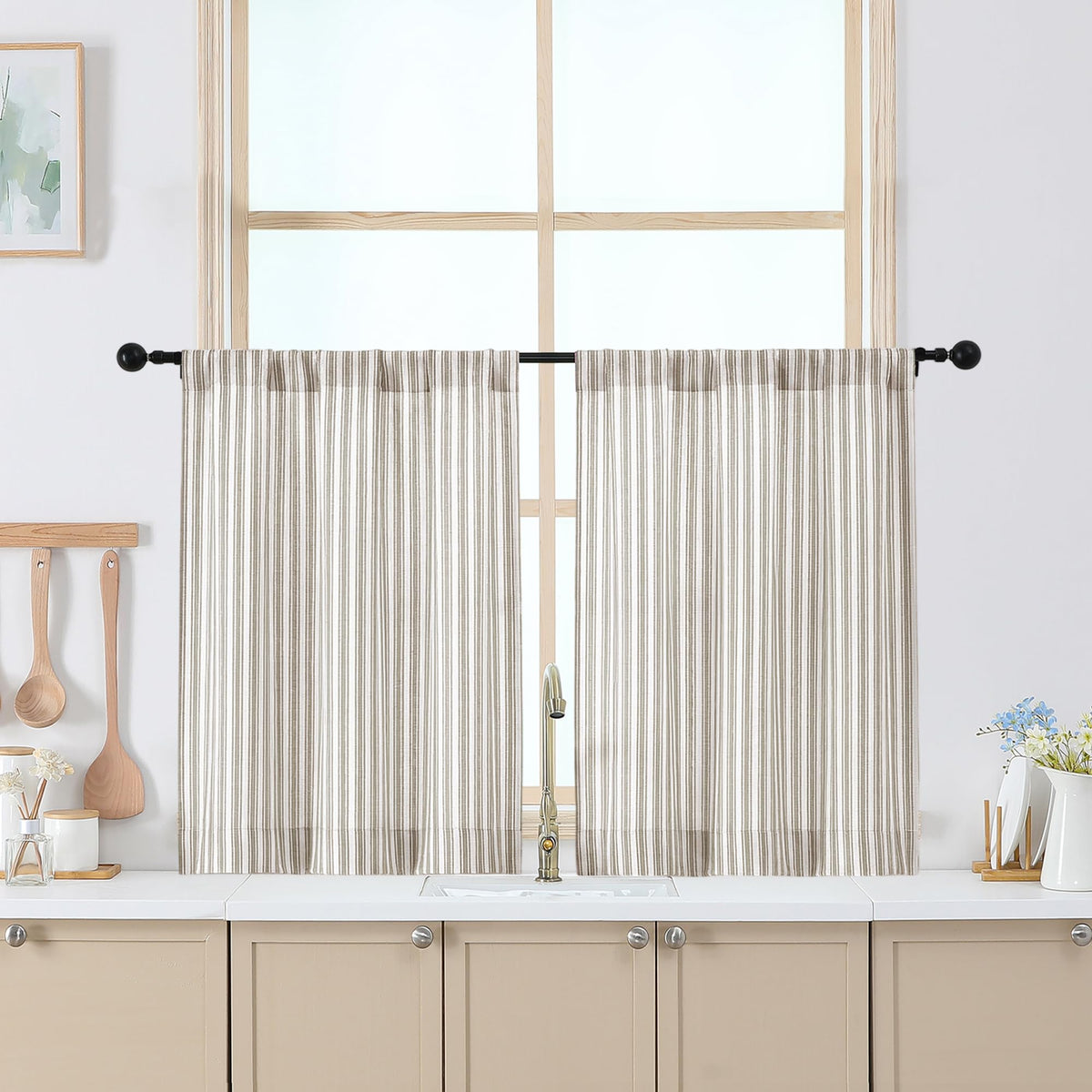 Chyhomenyc Striped Short Curtains 36 Inch Length - Light Filtering Faux Linen Living Room Tier Half Window Curtains, Farmhouse Modern Boho Curtain for Bathroom, 30Wx36L, 2 Pieces, Stone Blue