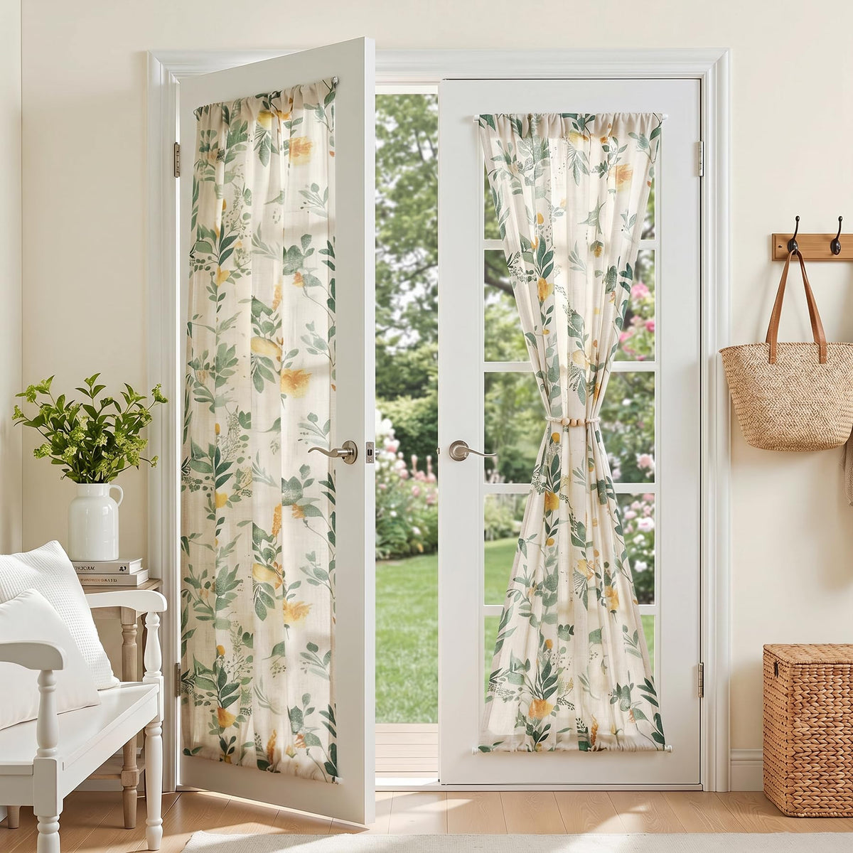 MYSKY HOME Floral Linen Kitchen Tier Curtains 36 Inch Long 2 Panels