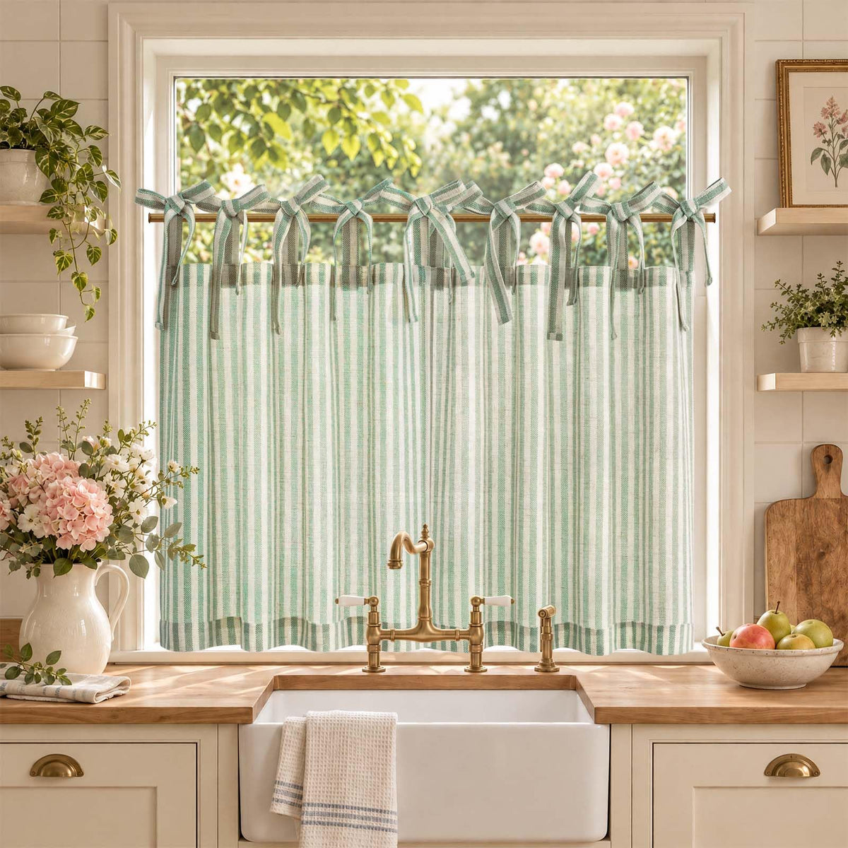 jinchan Striped Linen Kitchen Tier Curtains, 30 Inch, Sage Green, 2 Panels
