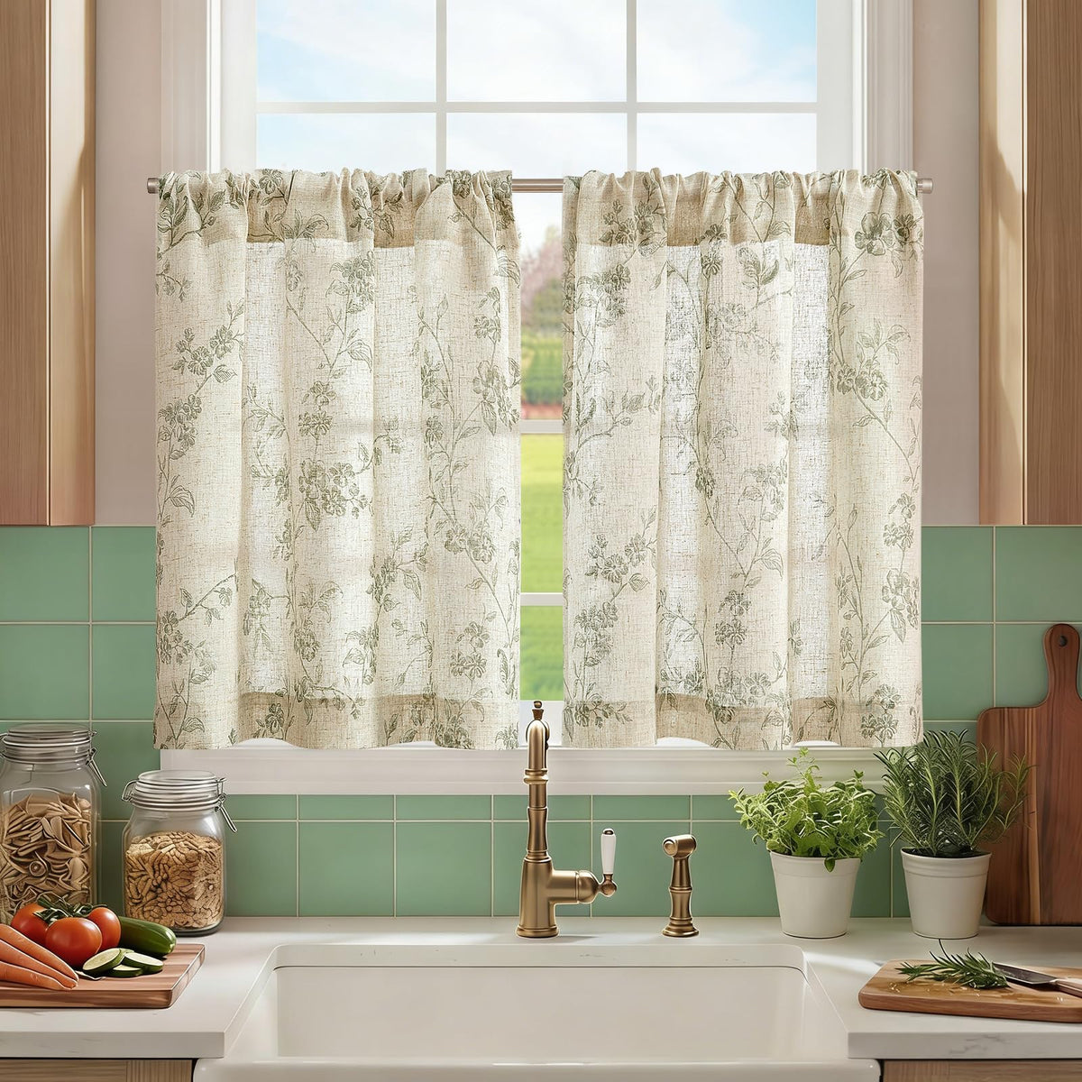 jinchan Floral Linen Kitchen Tier Curtains, 36 Inch, 2 Panels, Taupe