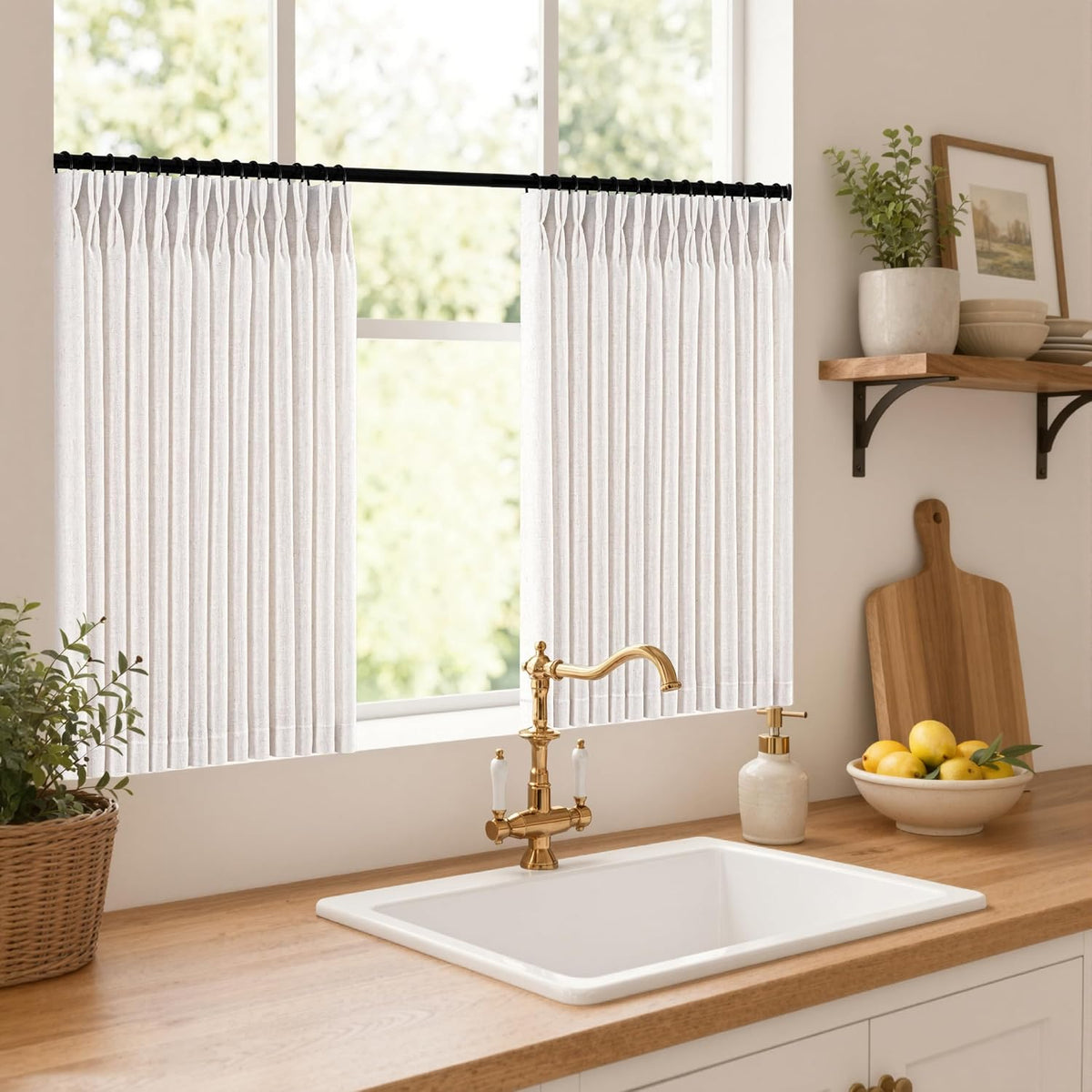 MIULEE Pinch Pleated Thick Linen Curtains 36 Inches Long 2 Panels Natural