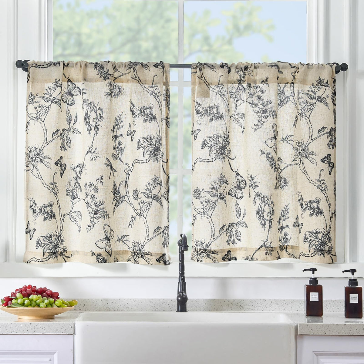 Lazzzy Green Floral Linen Curtains Farmhouse Rod Pocket 50W X 84L 2 Panels