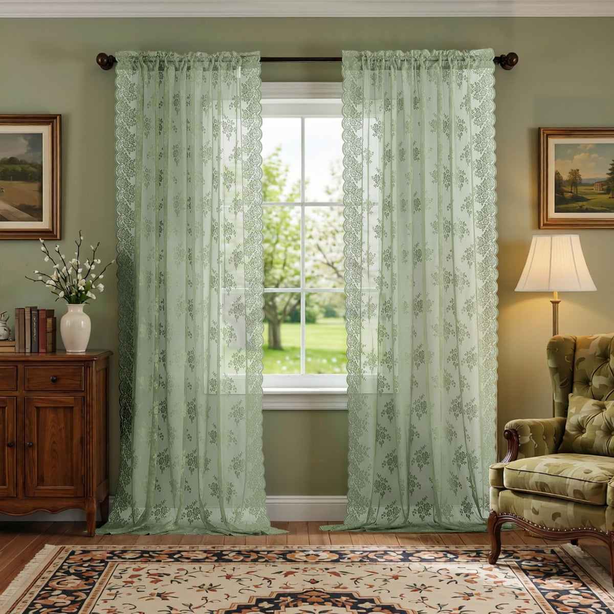 Kotile Short Beige Lace Curtains for Kitchen Windows W42xL45 Inch, 2 Panels