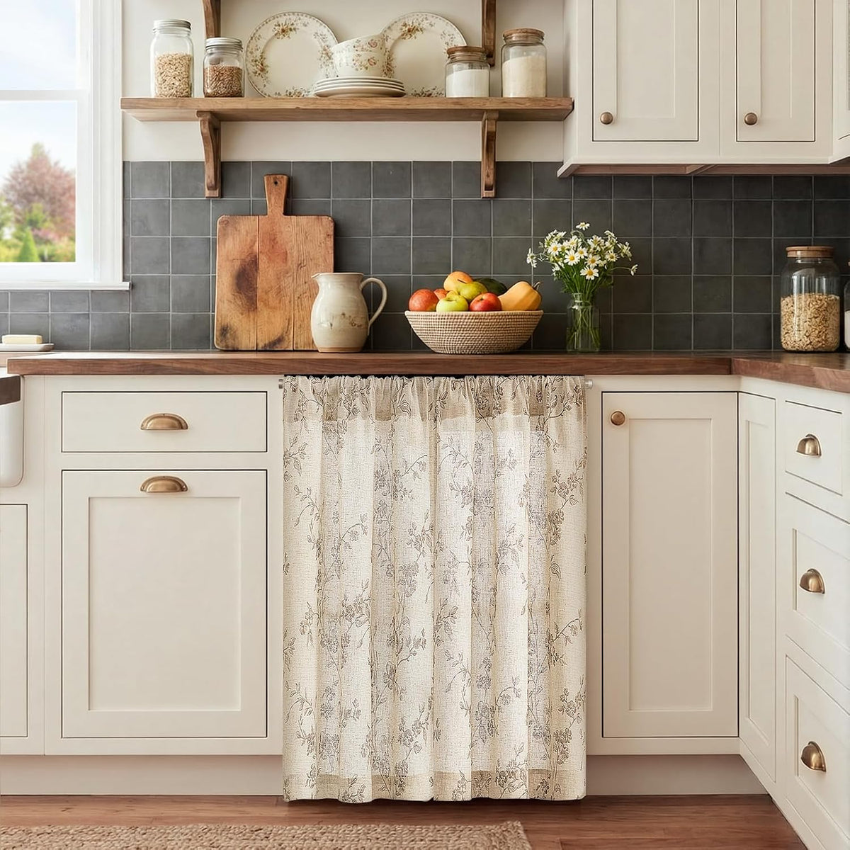 jinchan Floral Linen Kitchen Tier Curtains, 36 Inch, 2 Panels, Taupe