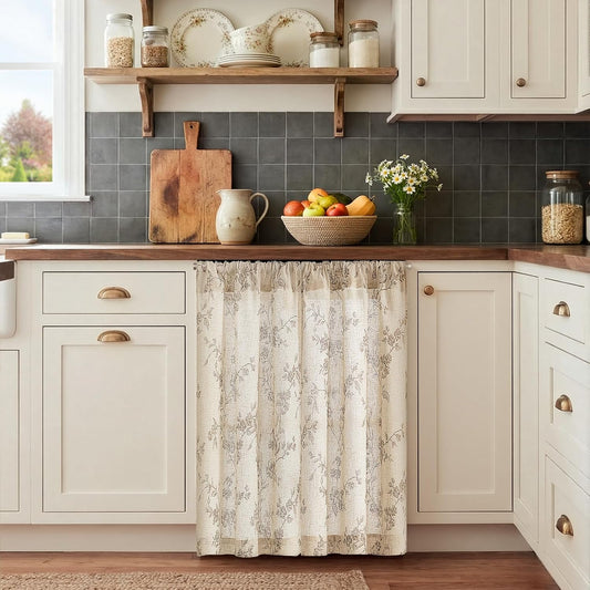 jinchan Floral Linen Kitchen Tier Curtains, 36 Inch, 2 Panels, Taupe