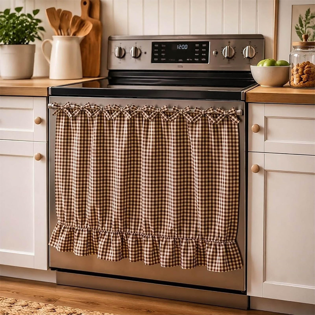 LOSOZO Oat Handmade Oven Skirt for Farmhouse Kitchen Décor, Oven Curtain Tie Top Decorative Cabinet Dish Washer Oven Curtains, Ruffled Fabric Appliance Cover with Ribbon Ties