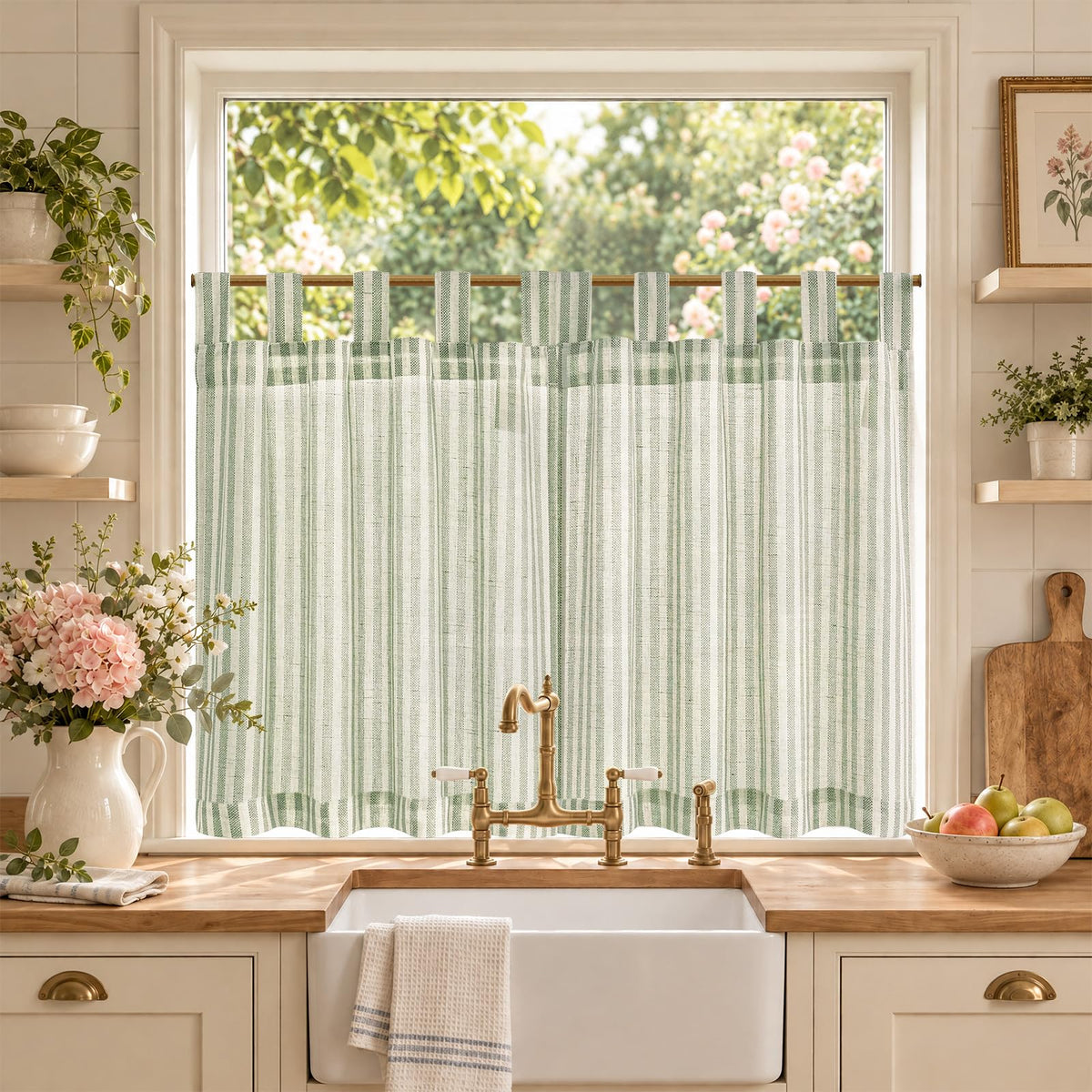jinchan Striped Linen Kitchen Tier Curtains, 20 Inch, Tan, 2 Panels