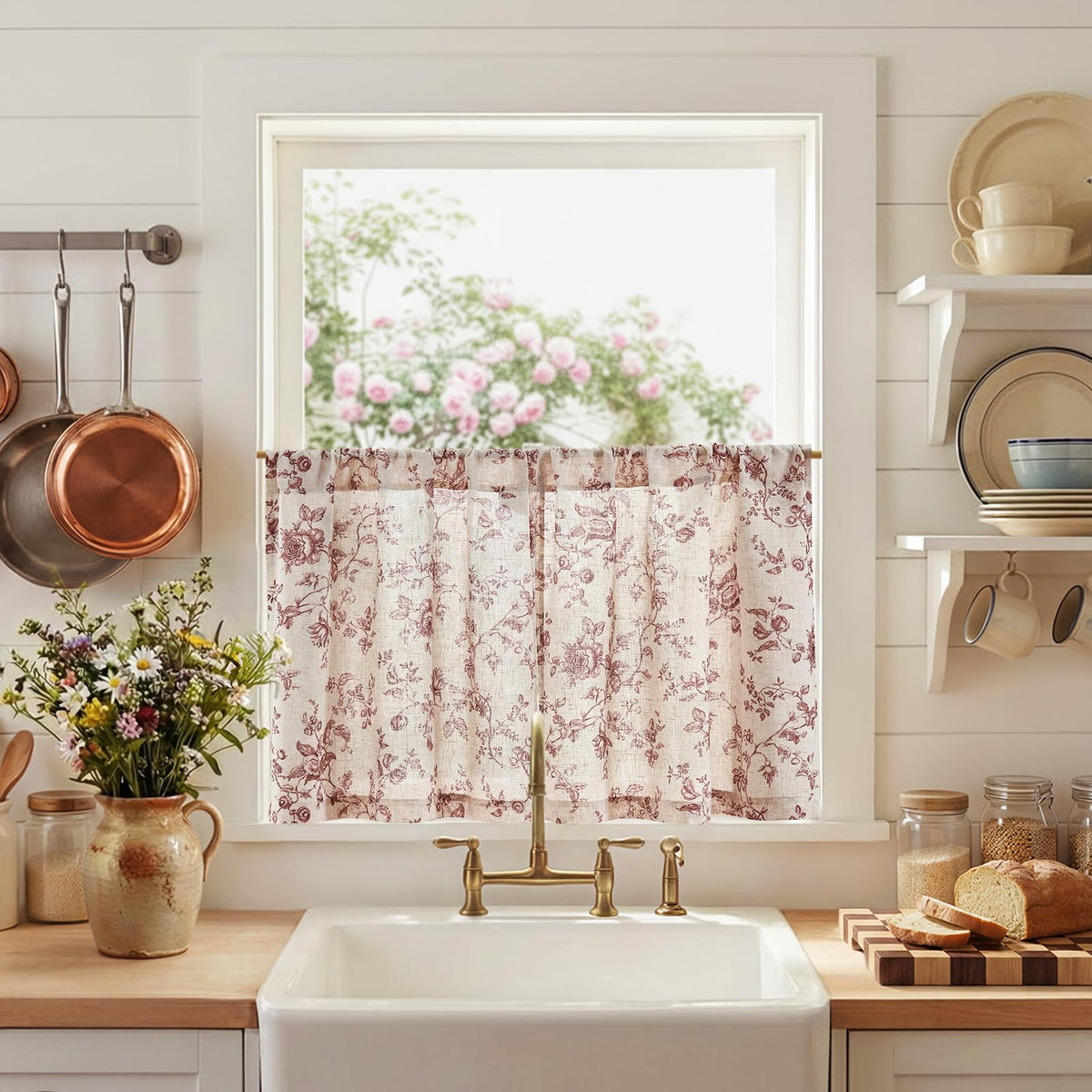 jinchan Floral Linen Kitchen Tier Curtains, 36 Inch, 2 Panels, Taupe