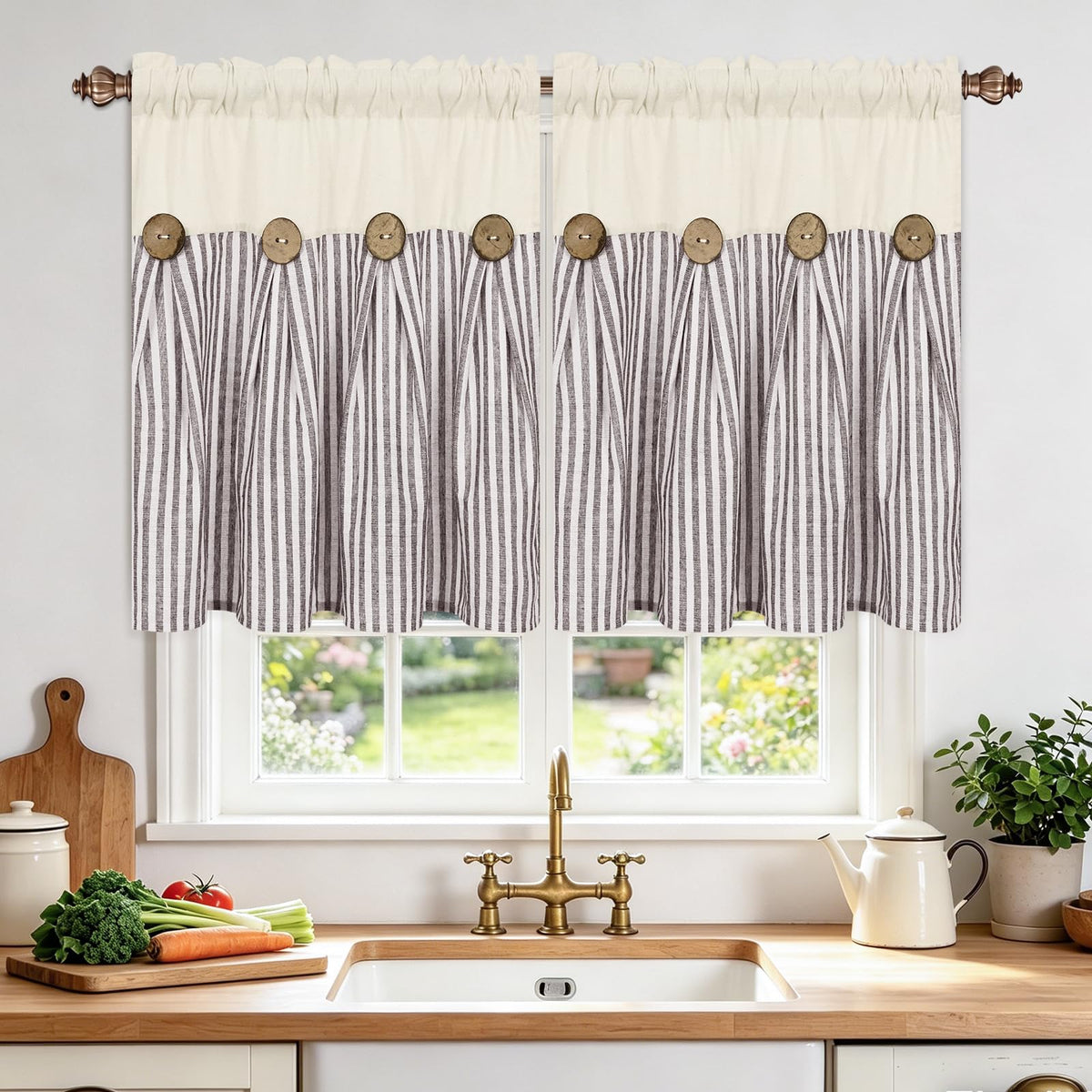 BLEUM CADE Farmhouse Kitchen Curtains 36 Inch, Cotton Linen Cafe Curtains with Rustic Buttons, Boho Small Window Curtains for Bathroom, Green Stripe Half Window Drapes Over Sink, 2 Panels