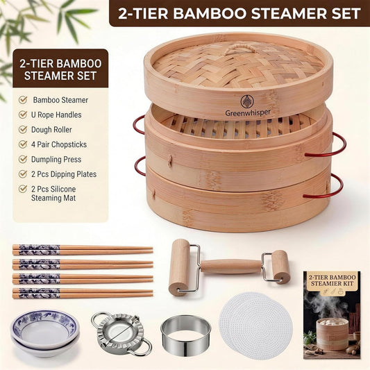 10 Inch Bamboo Steamer Set, 2 Tier Dumpling Steamer Basket – For Cooking Bao Buns, Dim Sum, Soup Dumpling (10 inch)