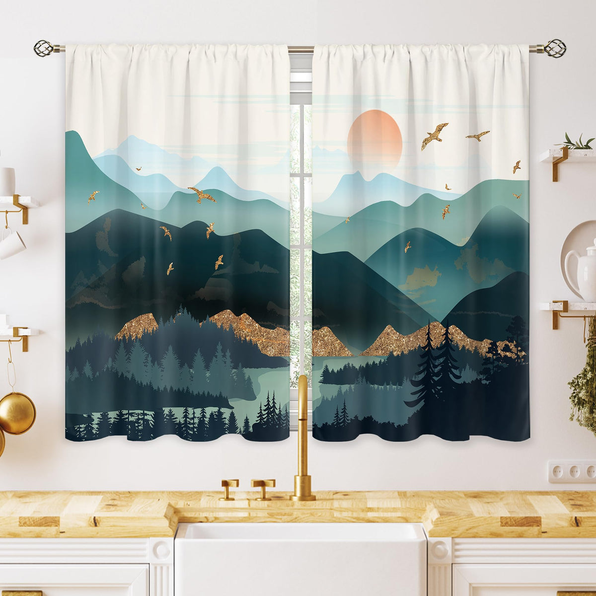 Green Boho Flower Small Kitchen Curtains Flower Plant Window Treatment Botanical Herb Chic Rod Pocket Cafe Short Window Curtains for Bathroom Dining Room Tier Treatment Drapes 27.5x39 inch