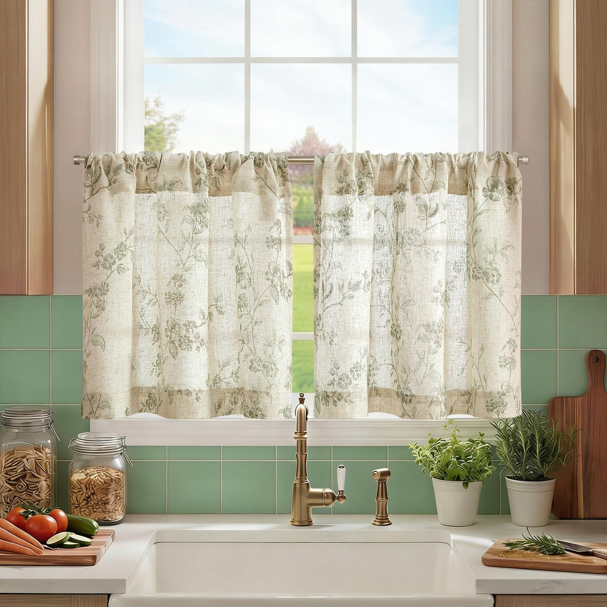 jinchan Floral Linen Kitchen Tier Curtains, 36 Inch, 2 Panels, Taupe