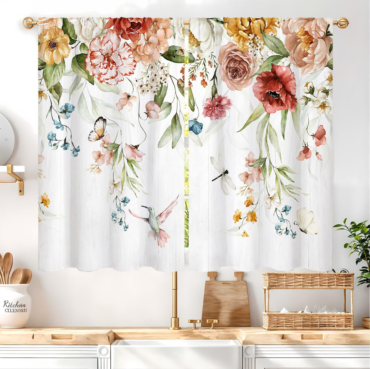 Yellow Sunflower Kitchen Curtains 42W X 63L Inch 2 Panels Rod Pocket Country Rustic Floral Flower Butterfly Farmhouse Over Sink Small Short Cafe Tier Window Treatment Bathroom Decor