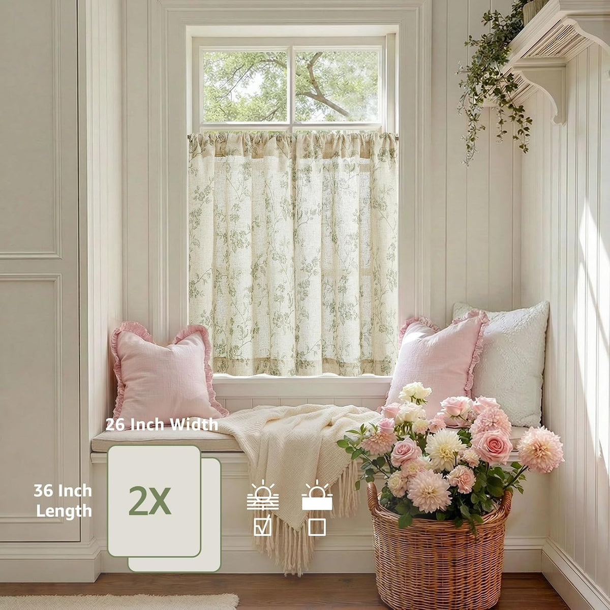 Lazzzy Green Vintage Floral Linen Curtains Farmhouse 26W X 36L 2 Panels