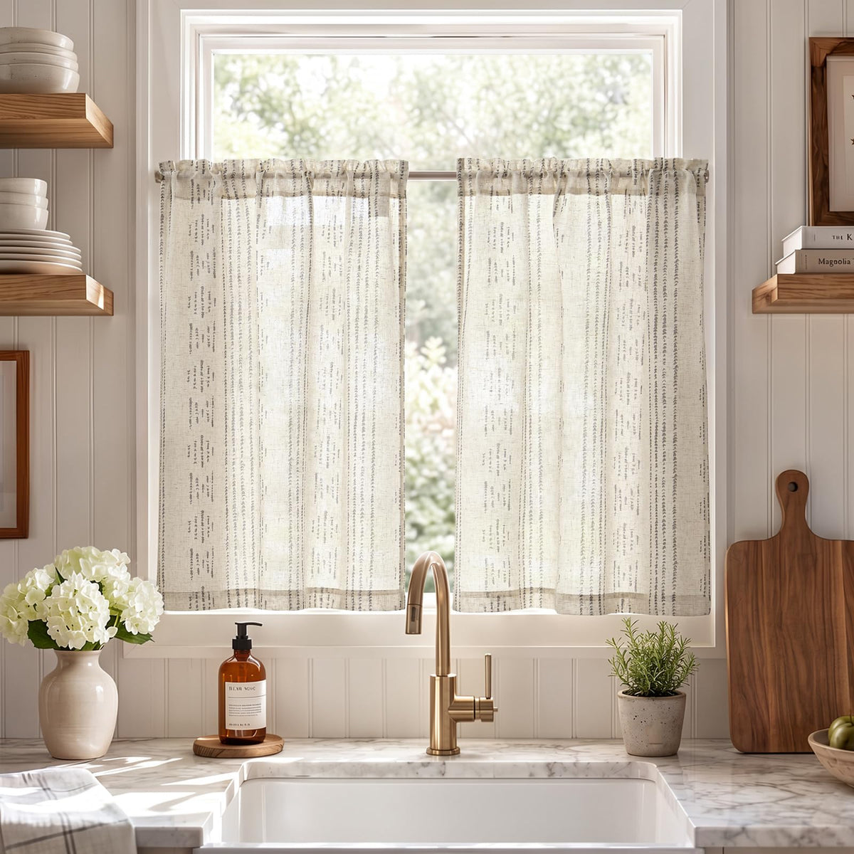 jinchan Linen Striped Tier Curtains for Kitchen Windows Farmhouse