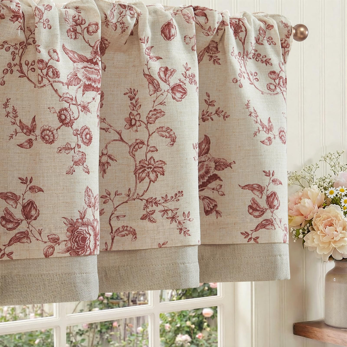 jinchan Amlie Floral Linen Valance Curtain Farmhouse 1 Panel 16 Inch Green