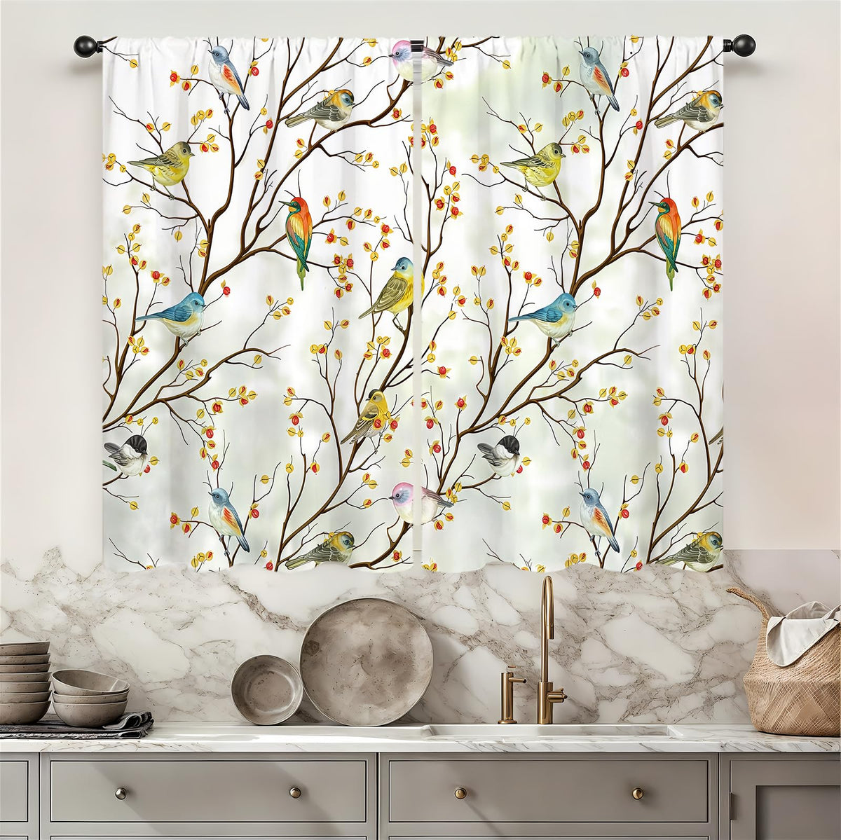 Yellow Sunflower Kitchen Curtains 42W X 63L Inch 2 Panels Rod Pocket Country Rustic Floral Flower Butterfly Farmhouse Over Sink Small Short Cafe Tier Window Treatment Bathroom Decor