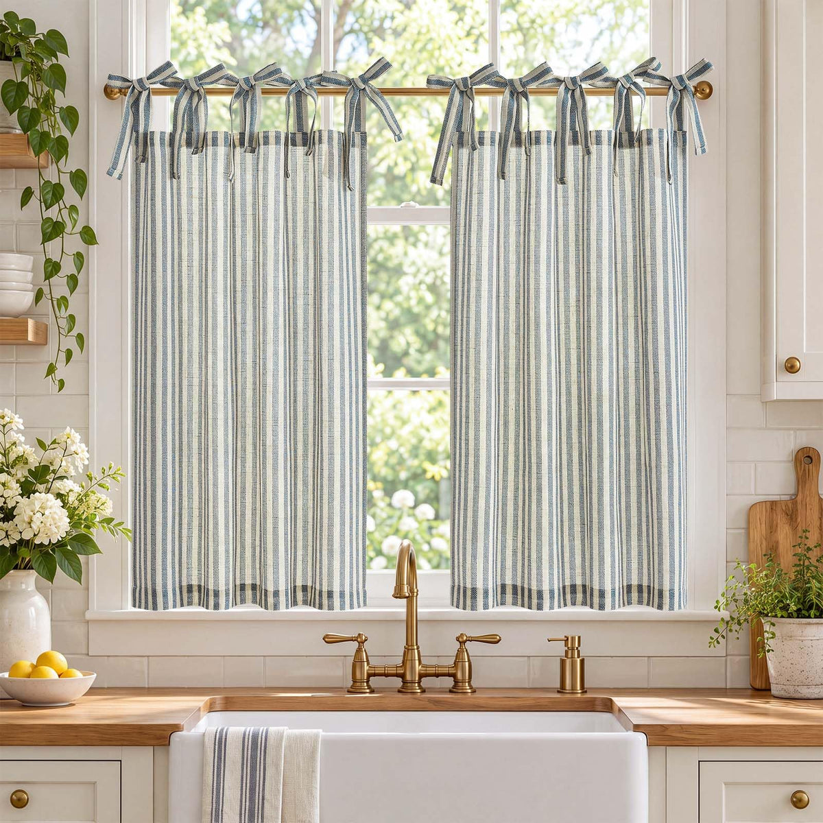 jinchan Striped Linen Kitchen Tier Curtains, 20 Inch, Tan, 2 Panels