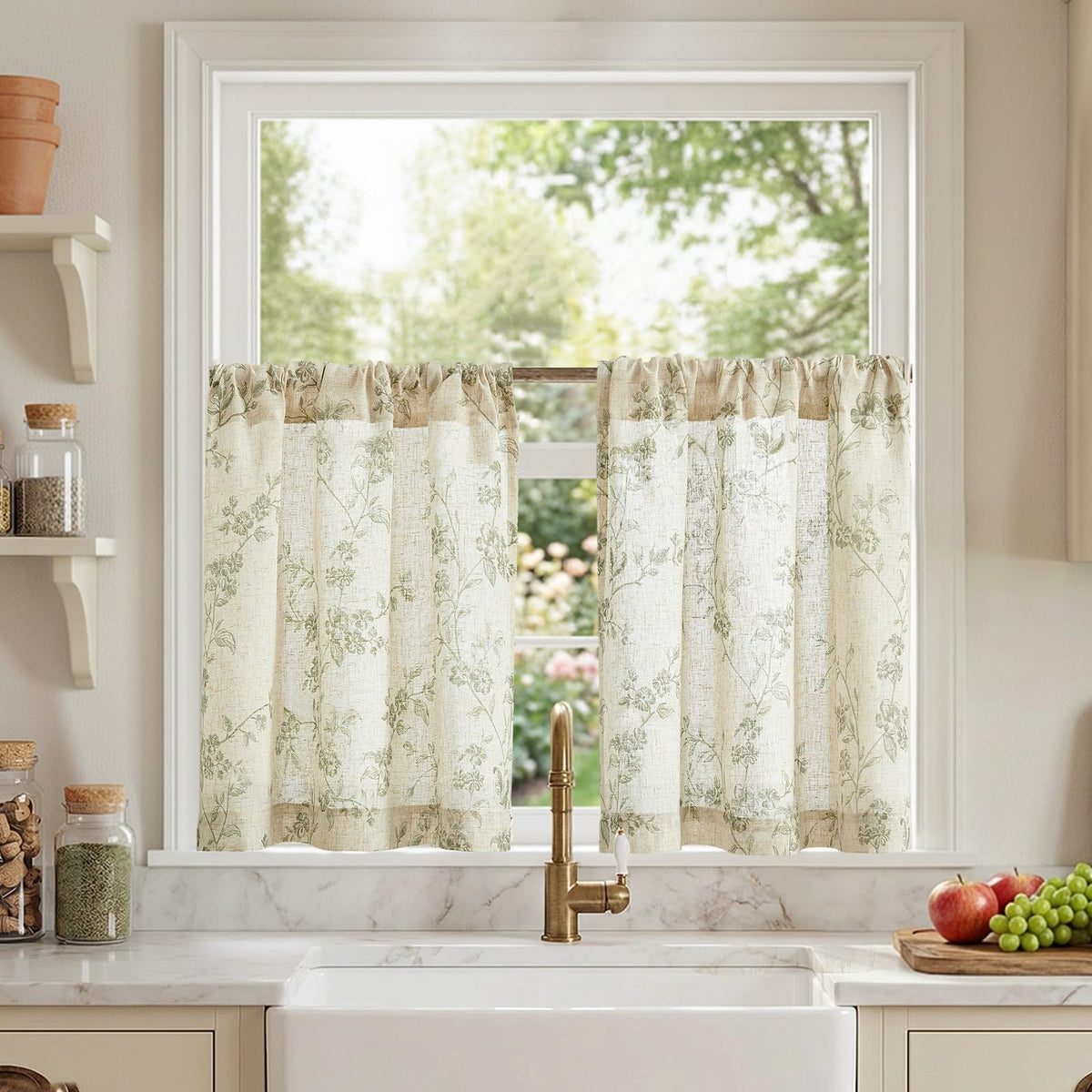 Lazzzy Green Vintage Floral Linen Curtains Farmhouse 26W X 36L 2 Panels