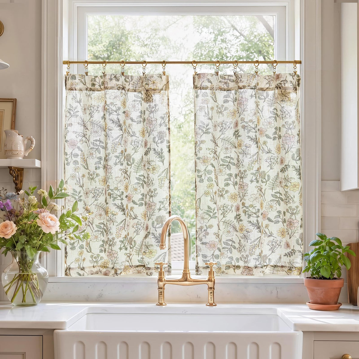 jinchan Floral Kitchen Tier Curtains 24 Inch 2 Panels Sage Green on Beige