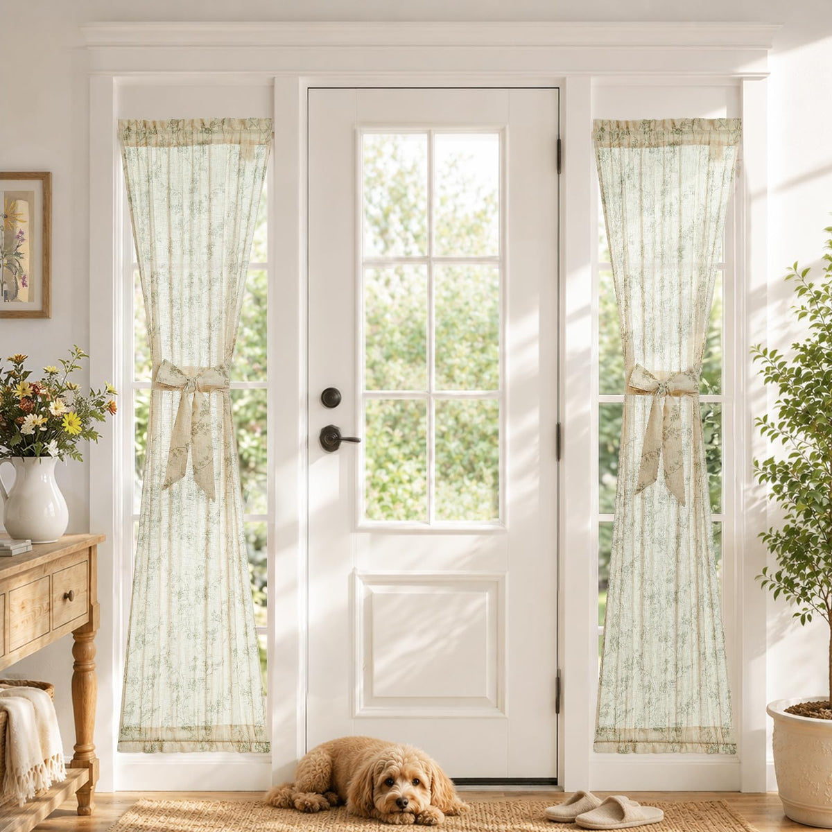 jinchan Blue Linen Floral French Door Curtain 40 Inch Rod Pocket 1 Panel
