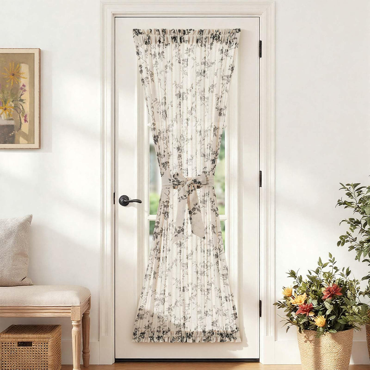 jinchan Blue Linen Floral French Door Curtain 40 Inch Rod Pocket 1 Panel