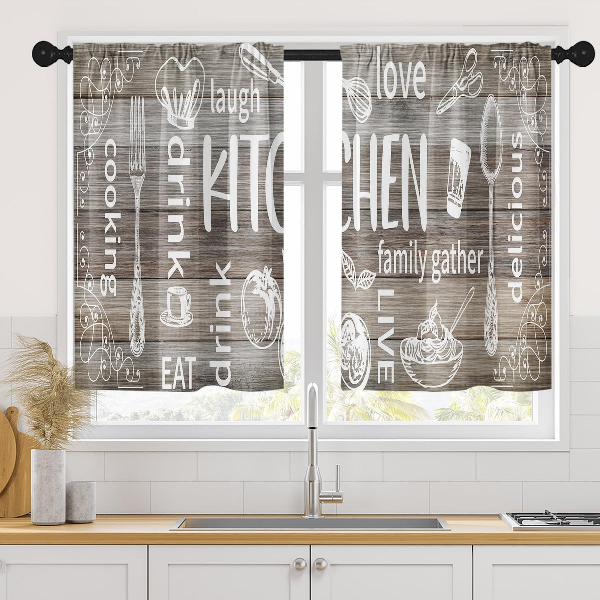 Arttown Kitchen Curtains 63 Inch Length, 2 Pack, Abstract Doodle Modern