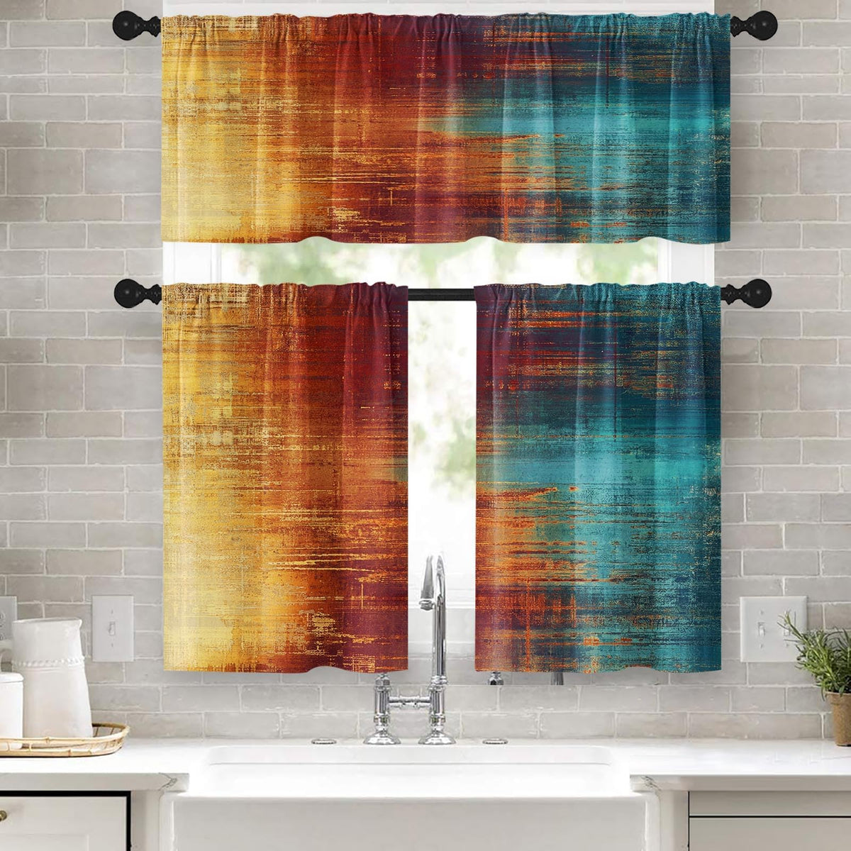 Emvency Kitchen Curtains Sets for Windows 52x36 Inch 3 Pack Farmhouse Wood
