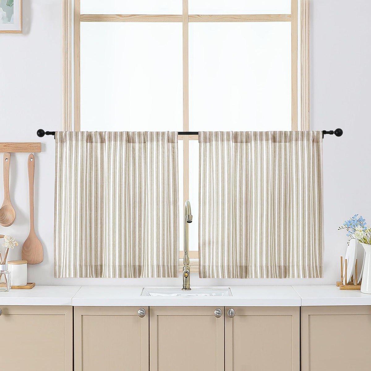 Chyhomenyc Striped Short Curtains 36 Inch Length - Light Filtering Faux Linen Living Room Tier Half Window Curtains, Farmhouse Modern Boho Curtain for Bathroom, 30Wx36L, 2 Pieces, Stone Blue