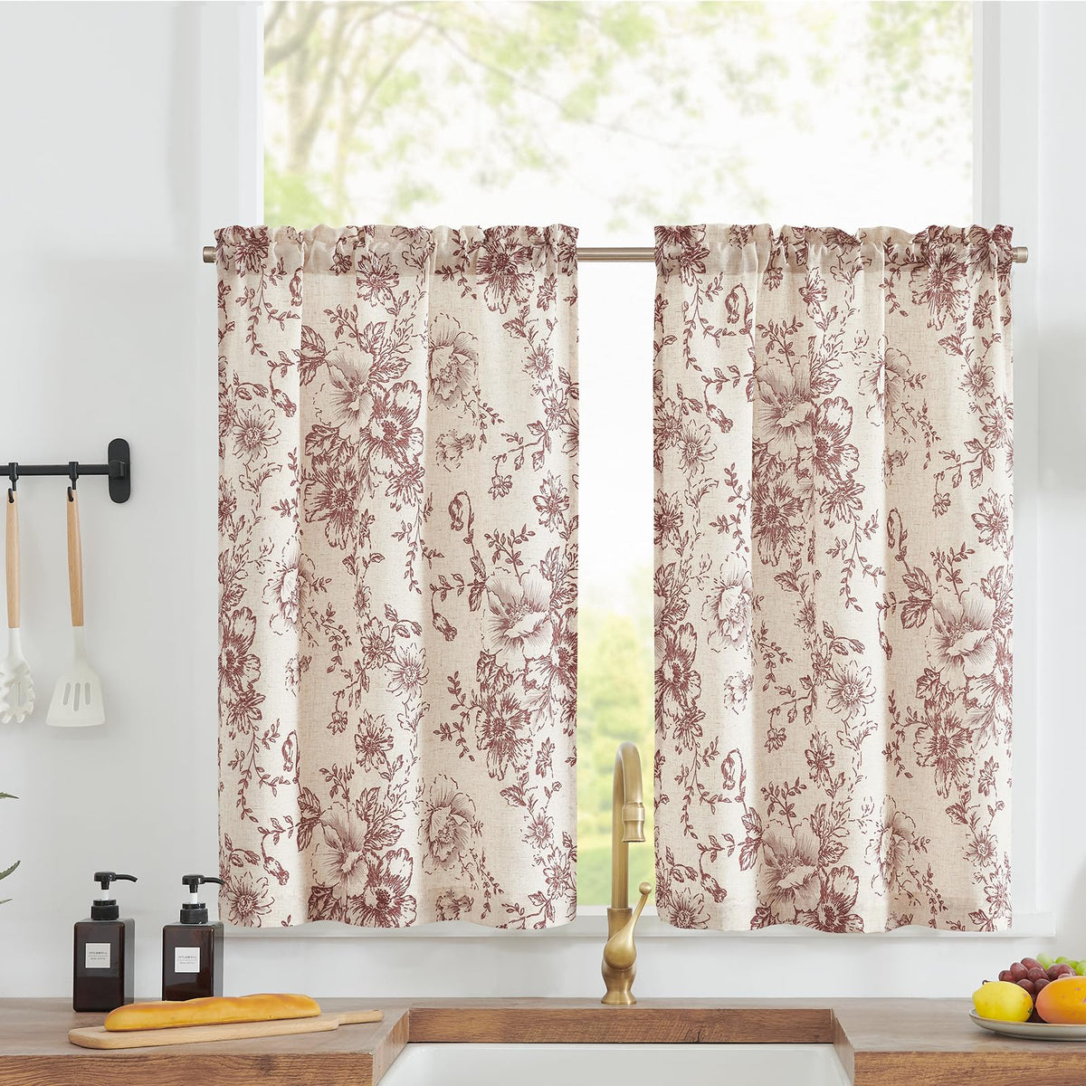 jinchan Hattie Floral Linen Kitchen Tier Curtains Beige 36 in 2 Panels