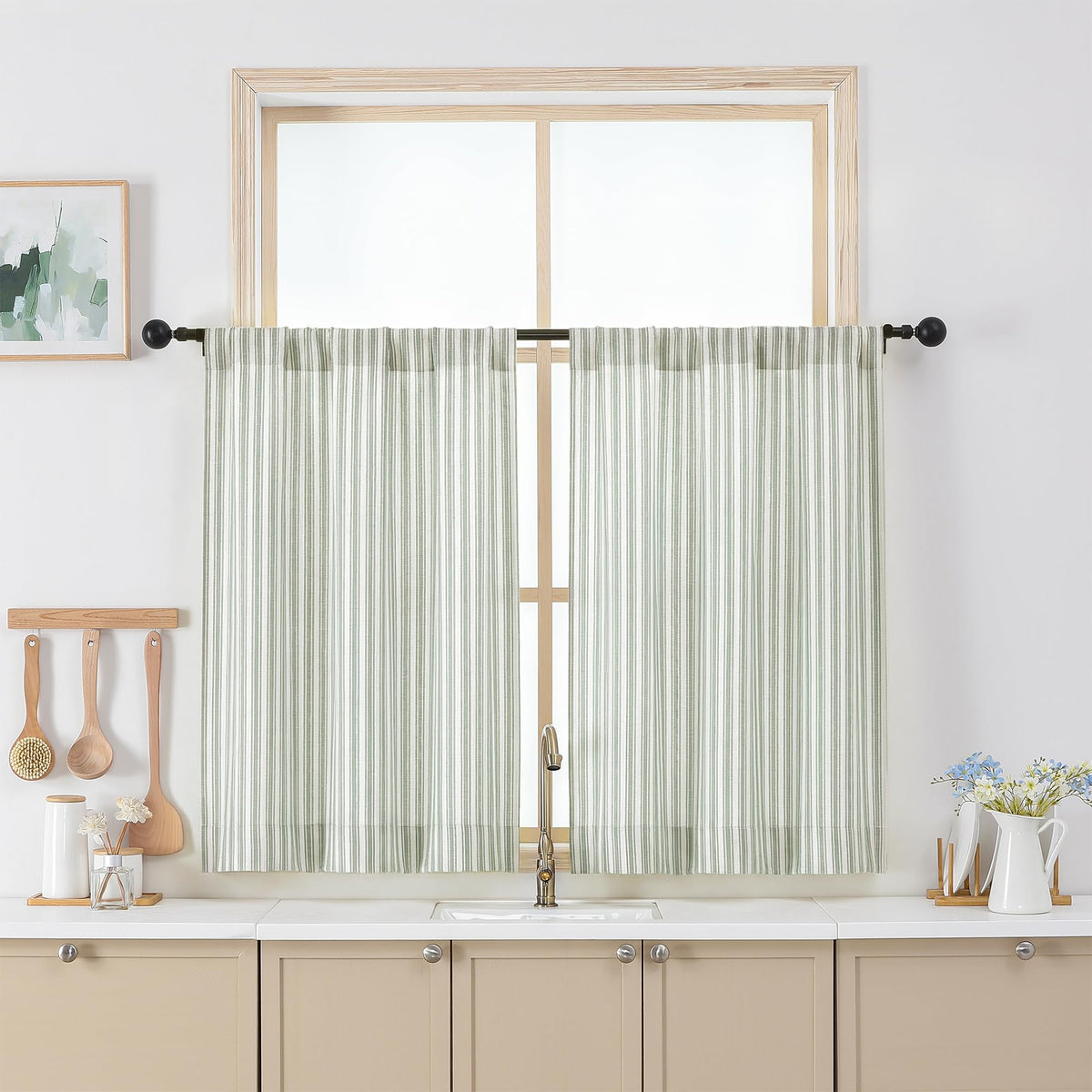 Chyhomenyc Striped Short Curtains 36 Inch Length - Light Filtering Faux Linen Living Room Tier Half Window Curtains, Farmhouse Modern Boho Curtain for Bathroom, 30Wx36L, 2 Pieces, Stone Blue